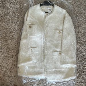 NWT Mango Cream Bouclé Collarless Blazer with Gold Buttons